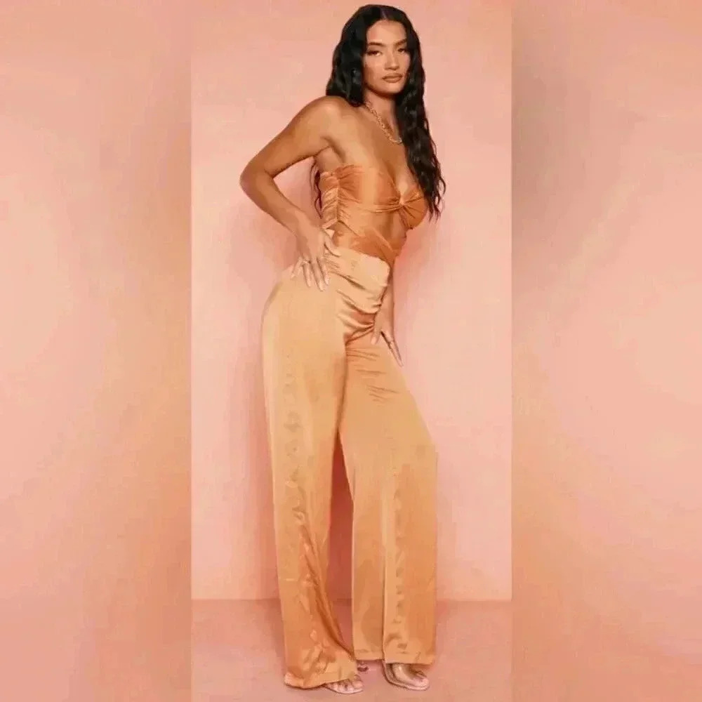 PRETTY LITTLE THINGS RUST TWIST DETAIL CROSS WAIST BANDEAU JUMPSUIT